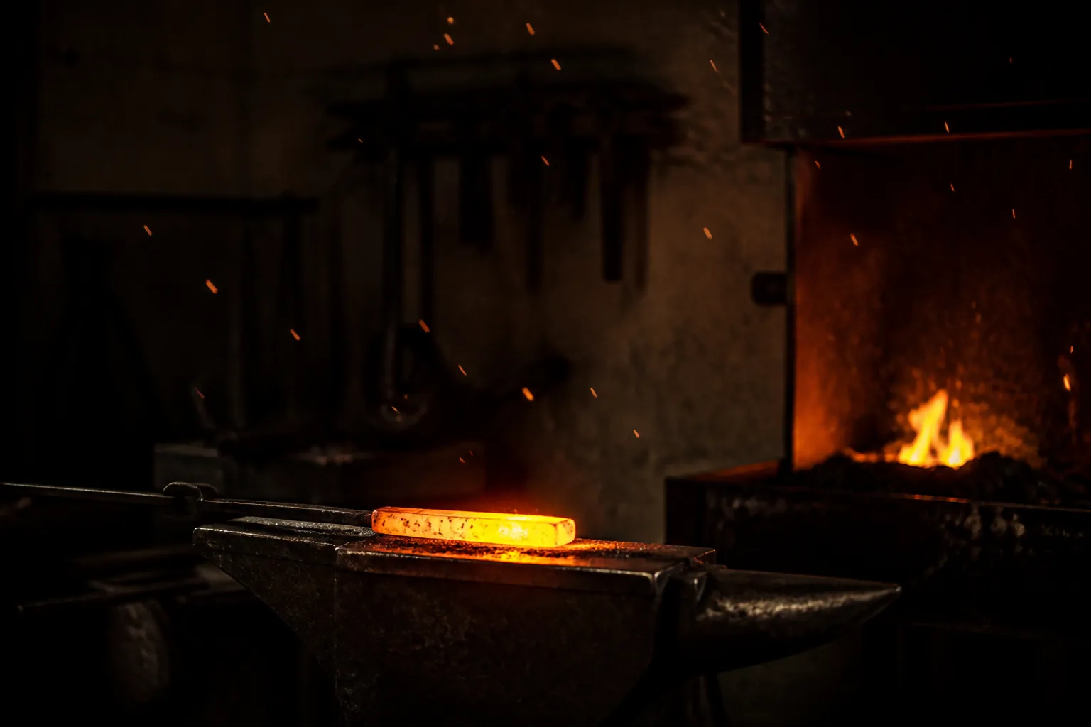 Fragua industrial con metal fundido y chispas naranjas / Industrial forge with molten metal and orange sparks