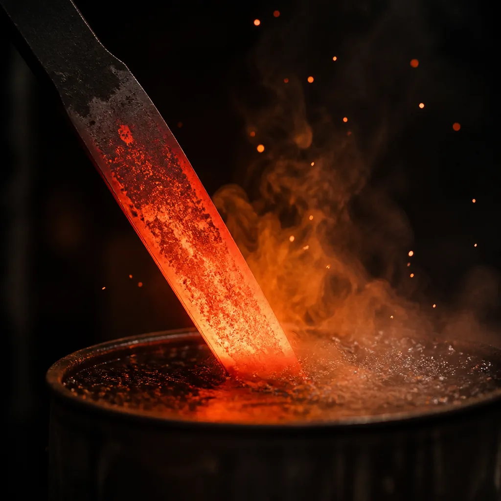 Hoja al rojo enfriándose entre vapor / Glowing blade cooling in steam