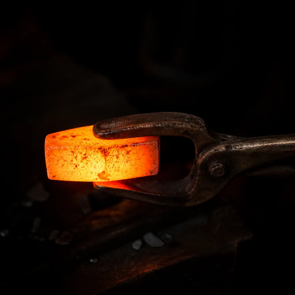 Tenazas sosteniendo un lingote al rojo vivo / Tongs gripping a red-hot ingot